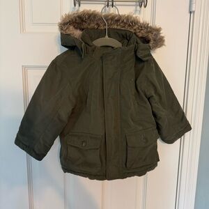 H&M Olive Green Jacket warm winter coat fur hood pockets girls 9 - 12 months